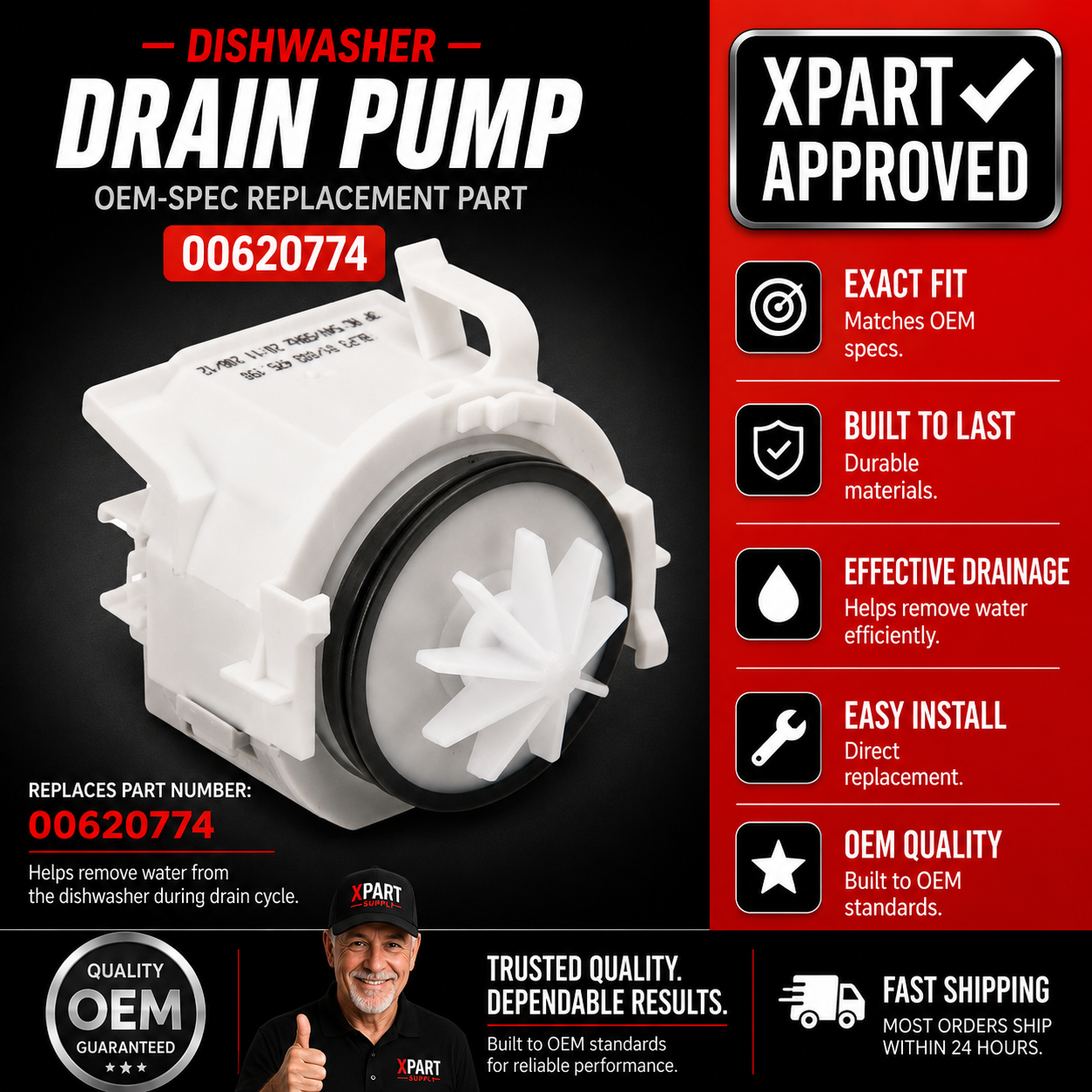 Bosch Dishwasher BLDC Drain Pump 00620774 — Replaces 620774 / Restores Drainage