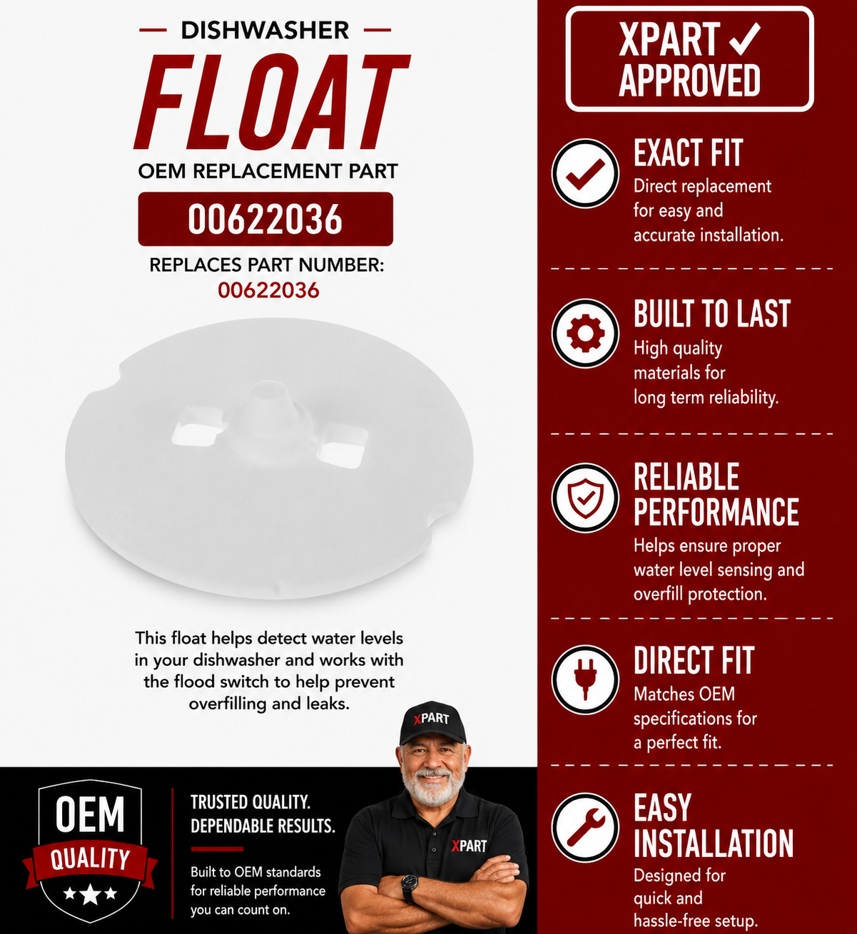 Bosch Dishwasher Float 00622036 — Restore Water Level Sensing & Prevent Overfill