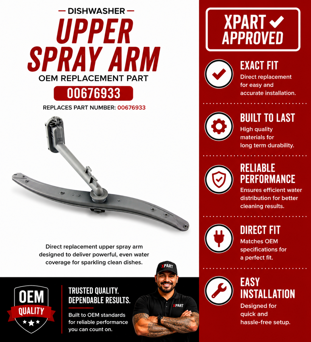 Bosch Dishwasher Upper Spray Arm 00676933 — Replaces 676933, Fixes Poor Top Rack Cleaning
