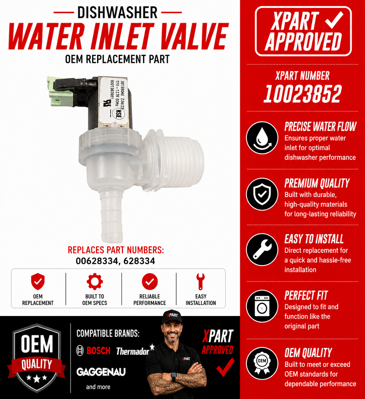Bosch Dishwasher Water Inlet Valve 10023852 – OEM & Premium XPart Options Available (Replaces 00628334, 628334)