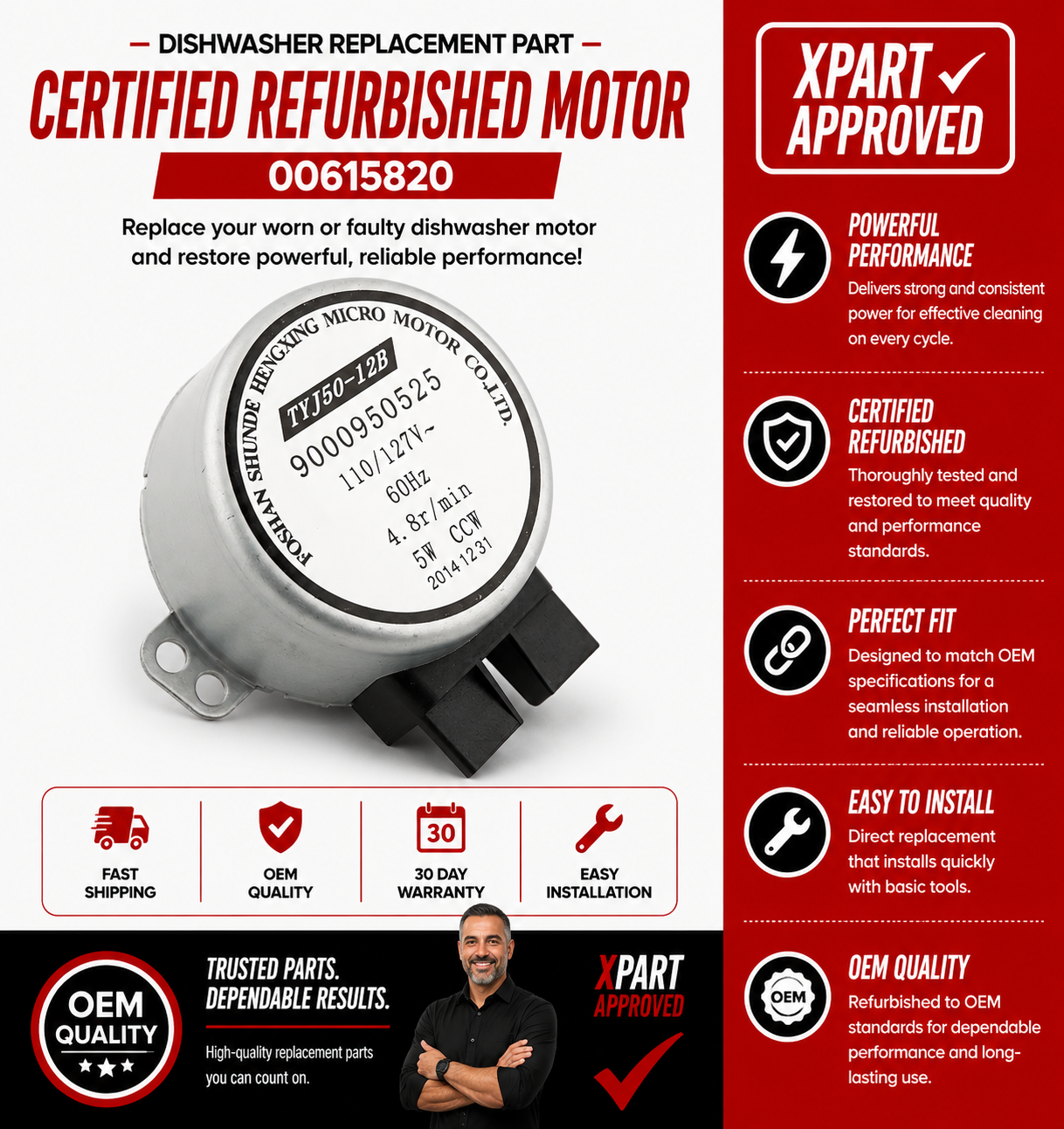 Bosch Dishwasher Water Switch Motor 00615820 — Fix Poor Cleaning, Weak Spray or Incomplete Cycles