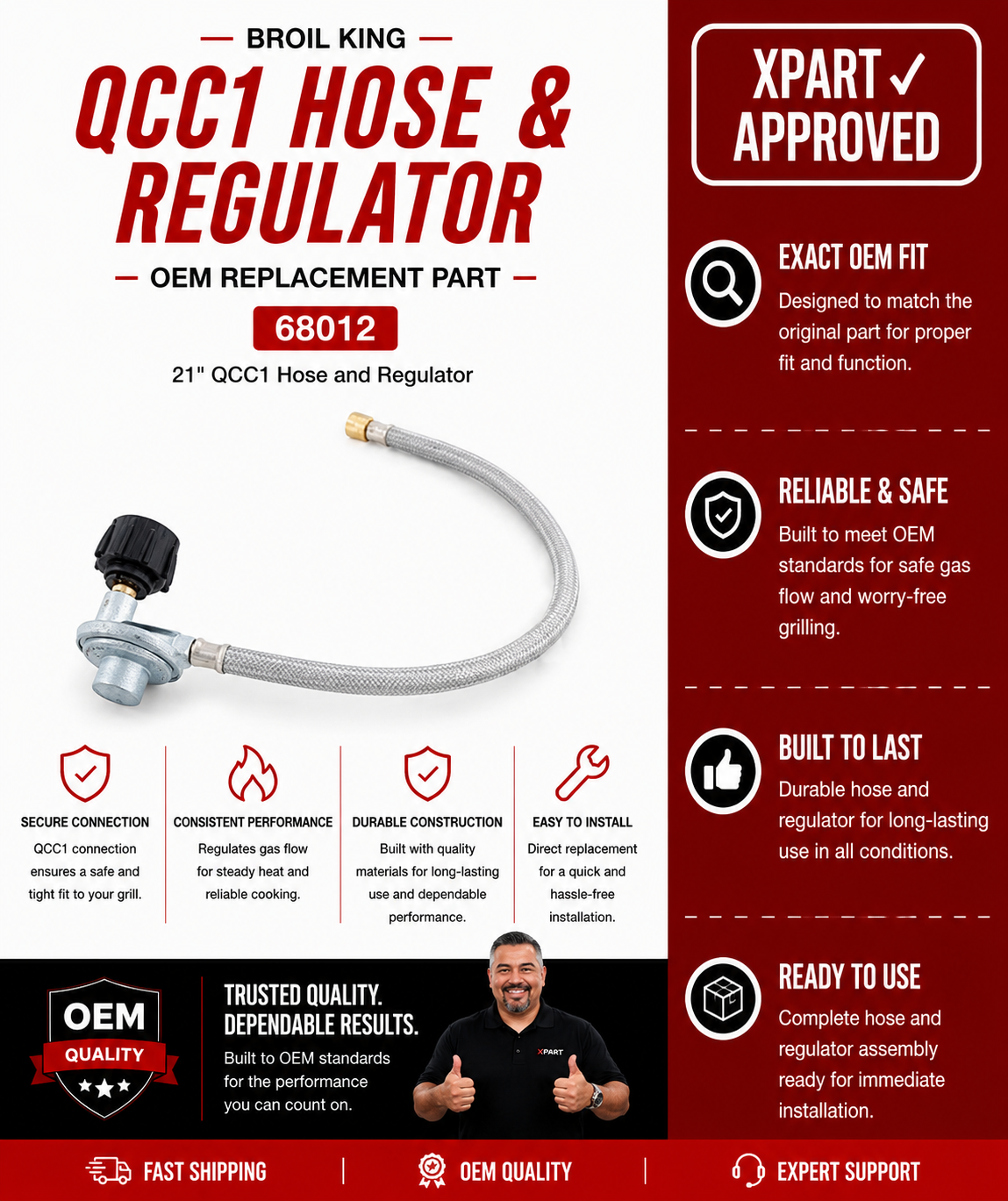 BBQ QCC1 Hose & Regulator 68012 — Replace Leaking or Damaged Propane Hose