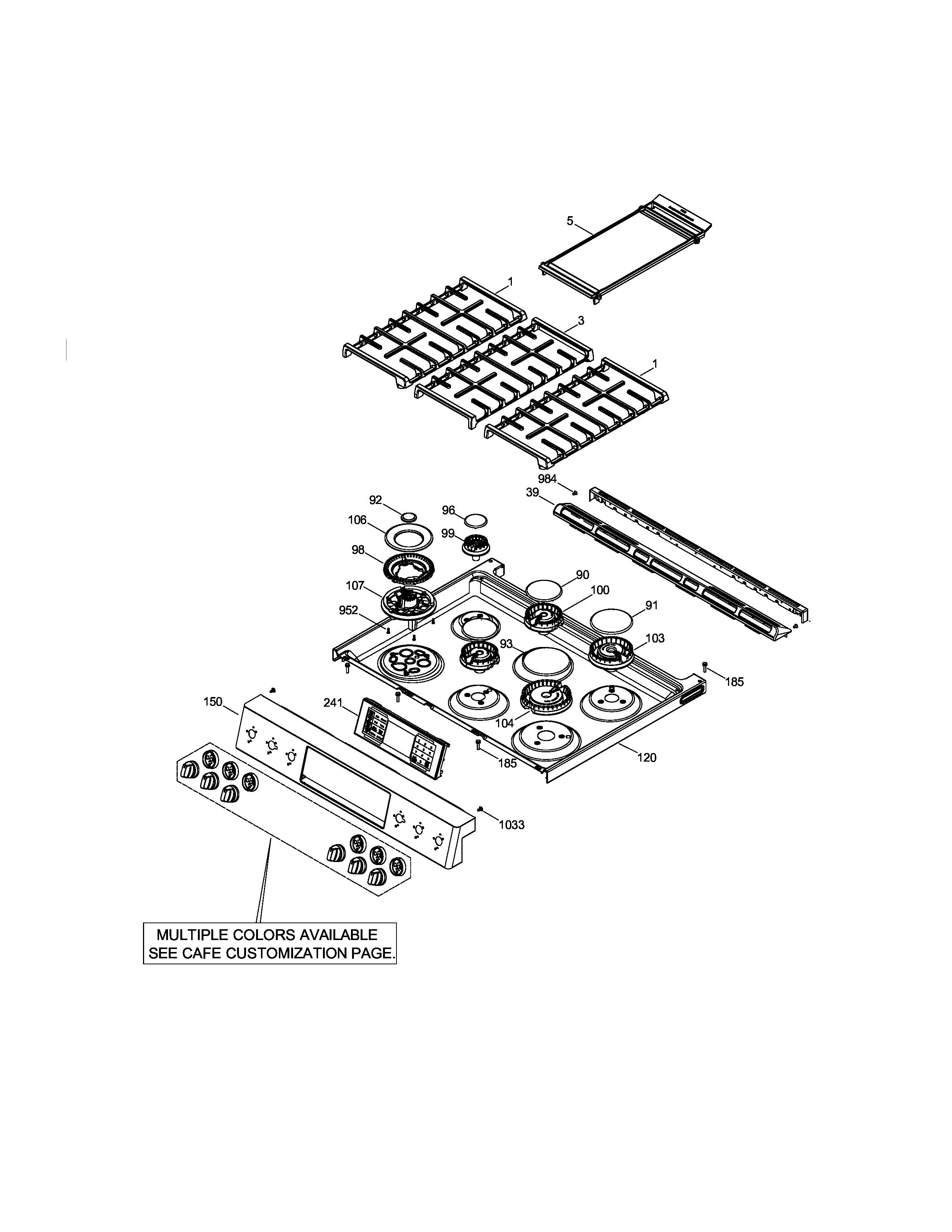 Diagram of control panel and cooktop parts for a kitchen appliance.