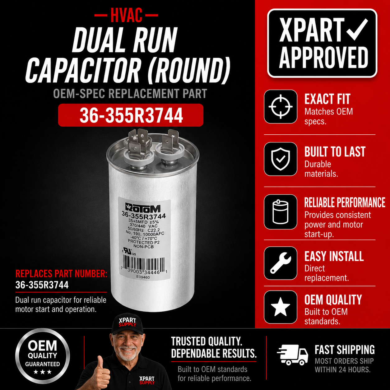 Rotom Dual Run HVAC Capacitor 36-355R3744 — Replace Failed 35/5 MFD 370/440V Round Capacitors