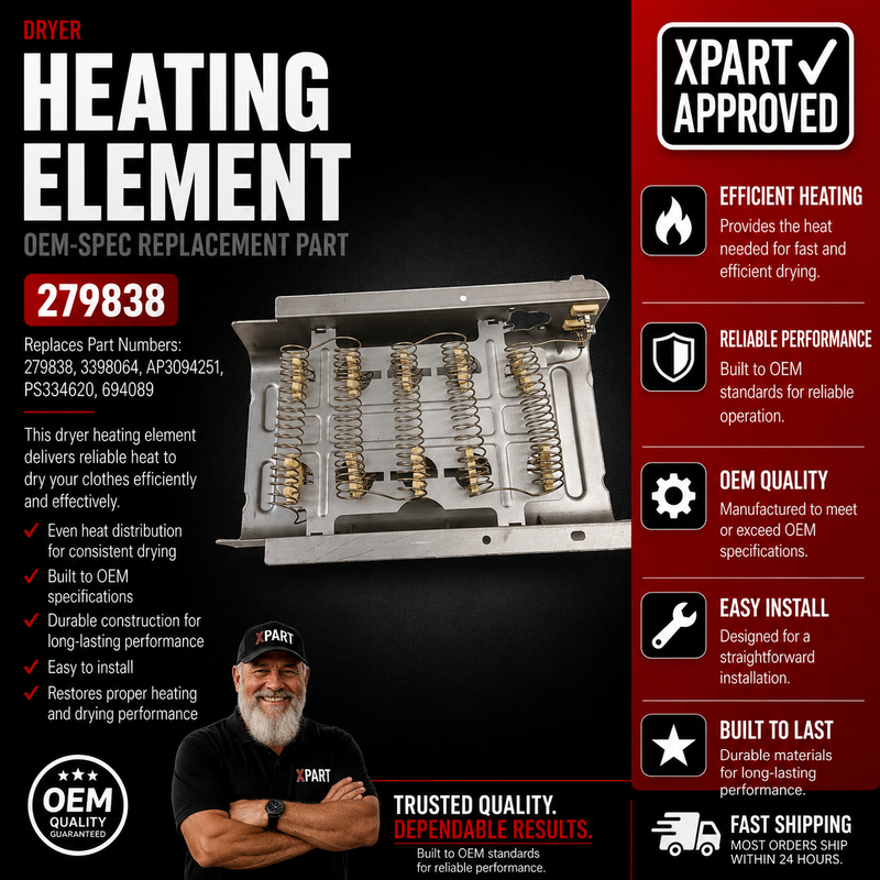 Whirlpool Dryer Heating Element 279838 — Fixes No Heat, Insufficient Heat & Long Drying Times