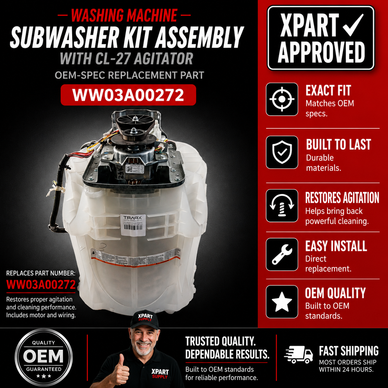 GE Washer Agitator Sub-Assembly Kit WW03A00272 — Restores Wash Action