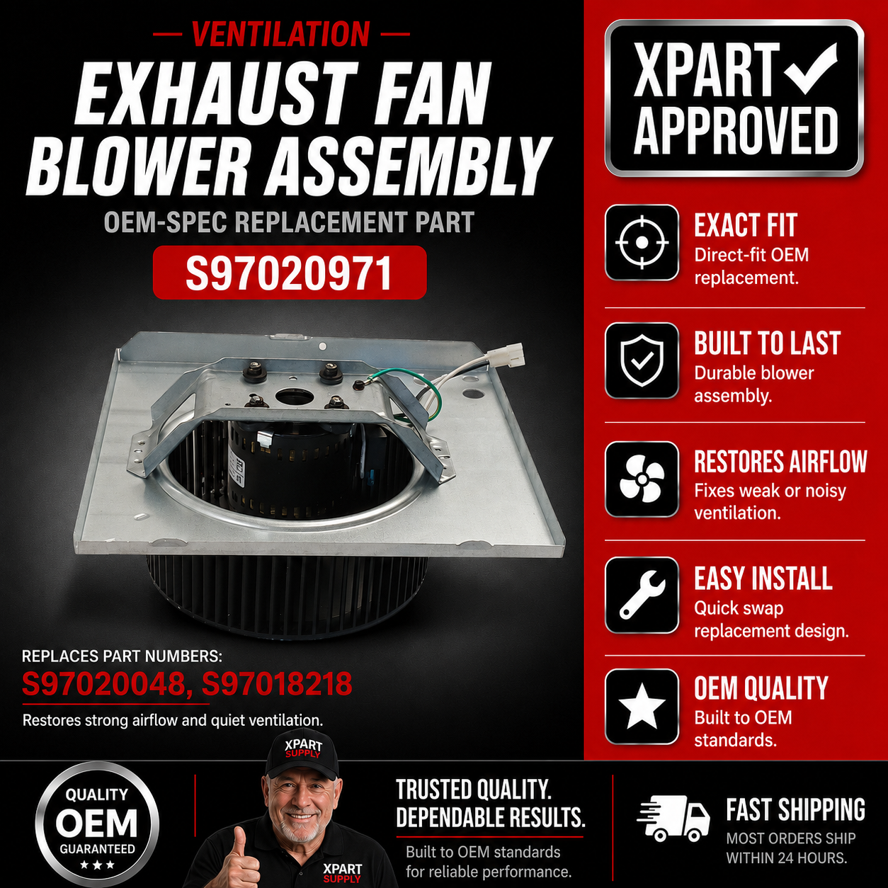 Broan Exhaust Fan Blower Assembly S97020971 — Fan Dead, Weak Airflow or Loud Noise
