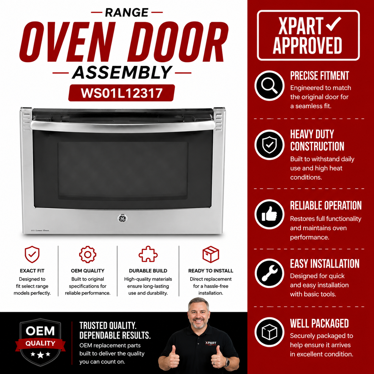 GE Range Door Assembly WS01L12317 — Fixes Door Seal, Glass & Handle Failures