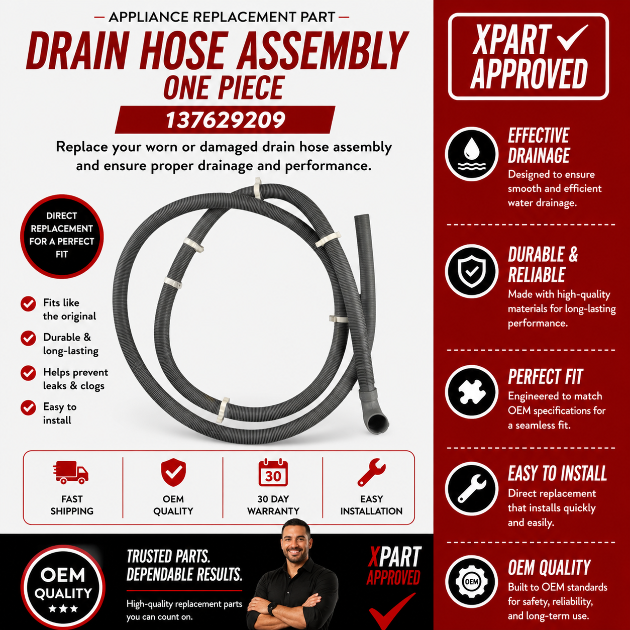 Frigidaire Drain Hose Assembly 137629209 — Stop Washer Leaks & Restore Proper Drainage