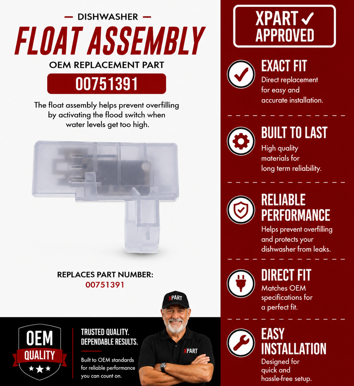 Bosch Float Assembly 00751391 — Fix Overfill, E15 Flood Error & Stuck Float Switch