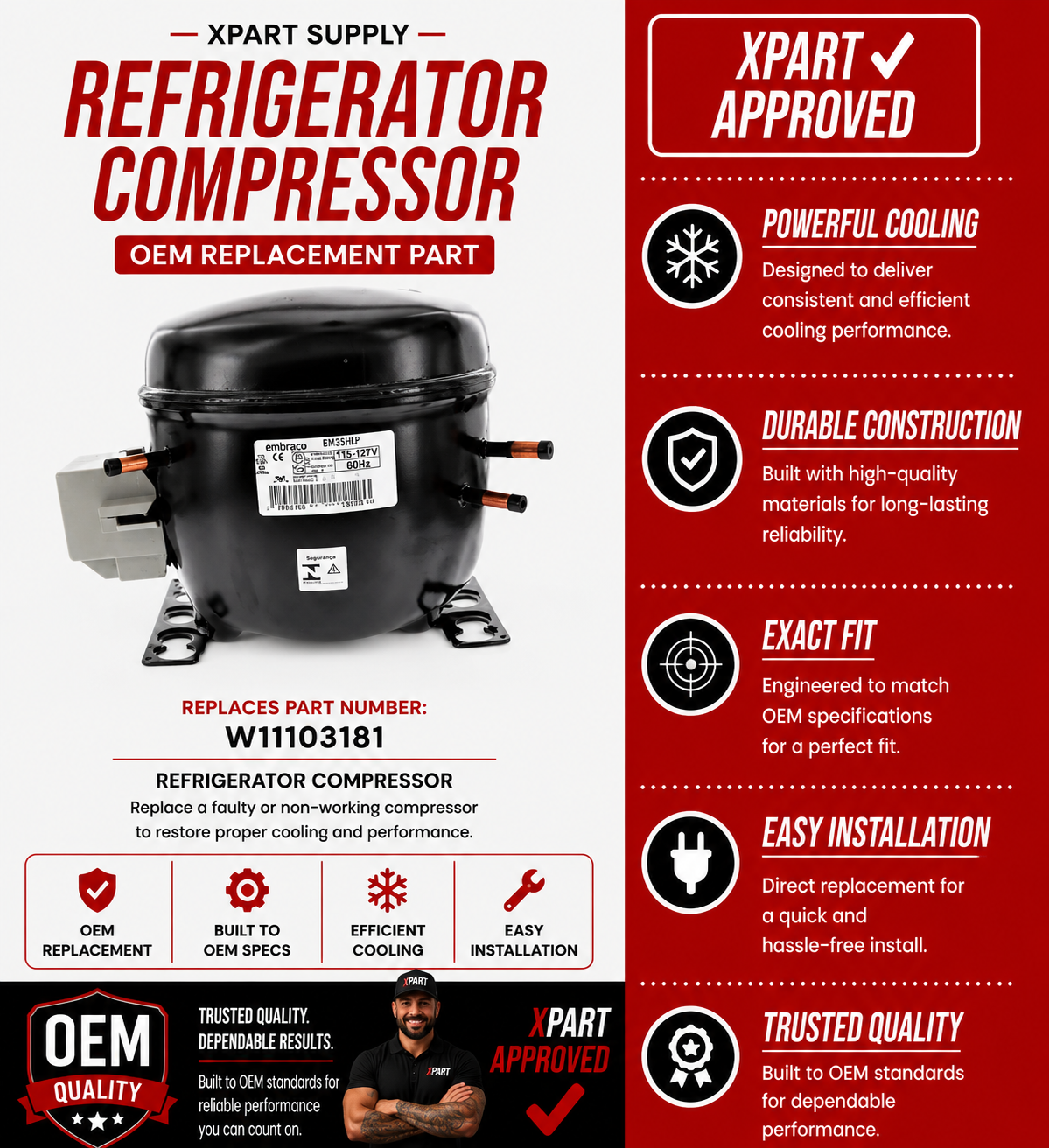 Whirlpool Refrigerator Compressor W11103181 — Restore Cooling & Stop Warm Fridge