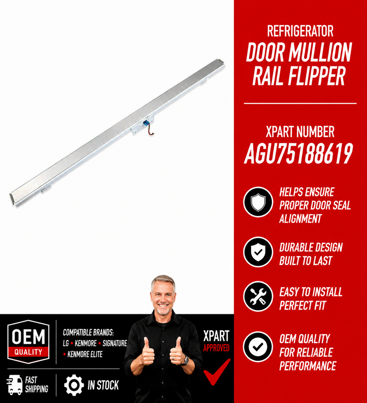 AGU75188619 LG Refrigerator Door Mullion Rail Flipper – OEM Replacement (Replaces AGU73530710, AGU75188618)