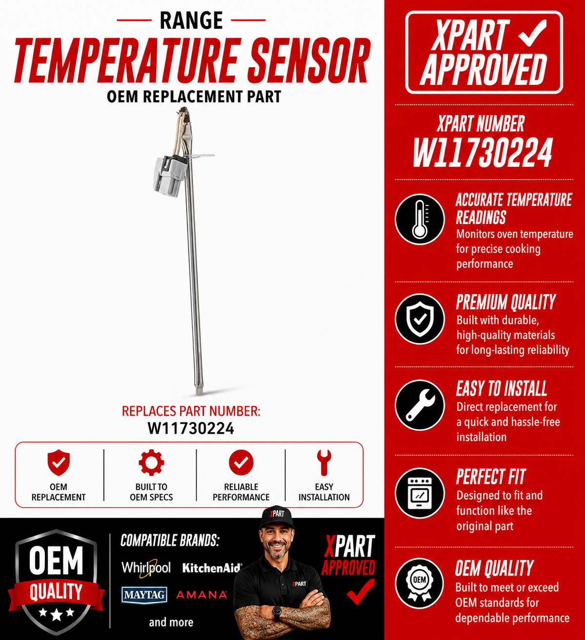 W11730224 Range Temperature Sensor – Genuine OEM Whirlpool Replacement