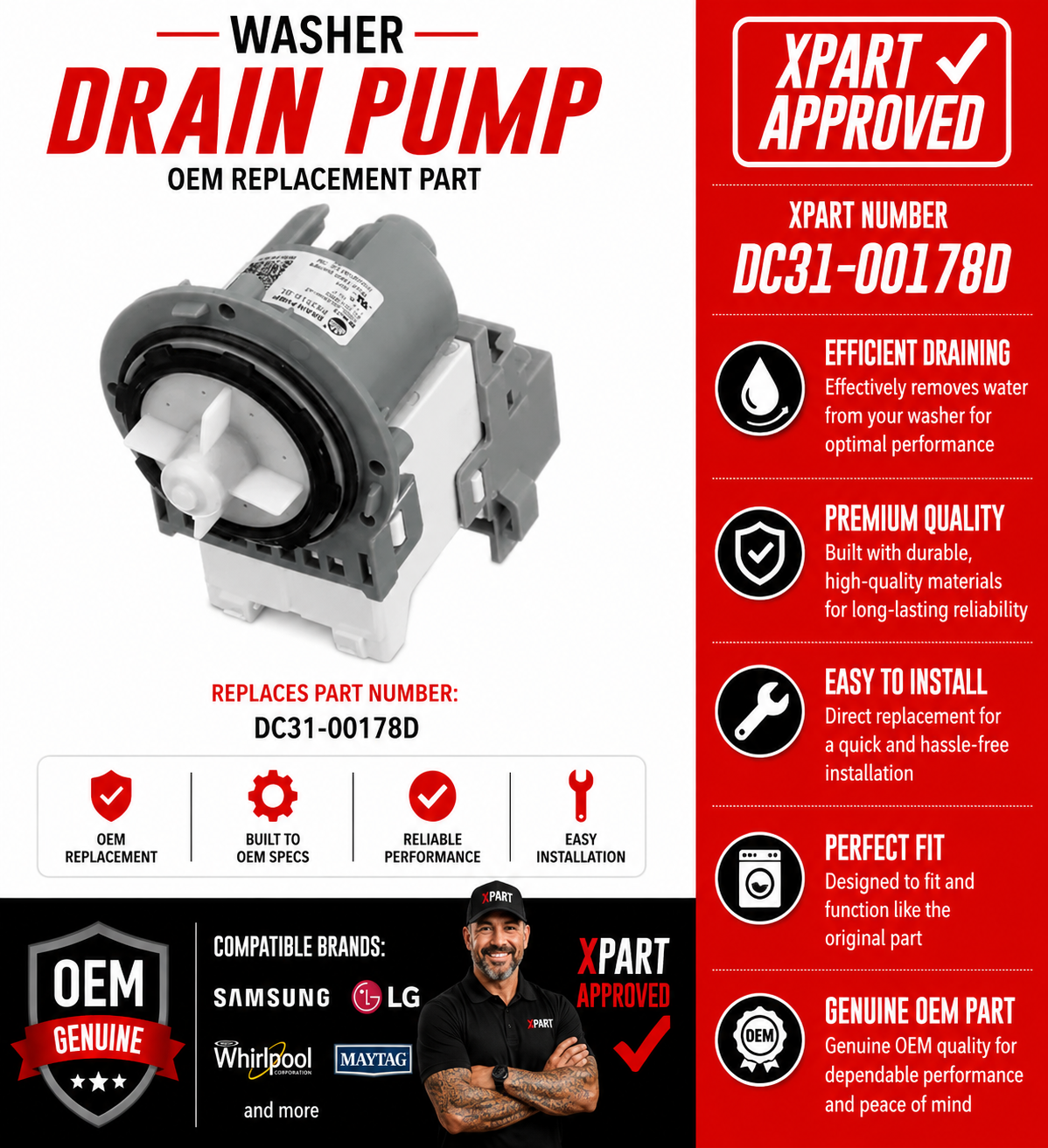 Washer drain pump with Xpart approval details on a white background