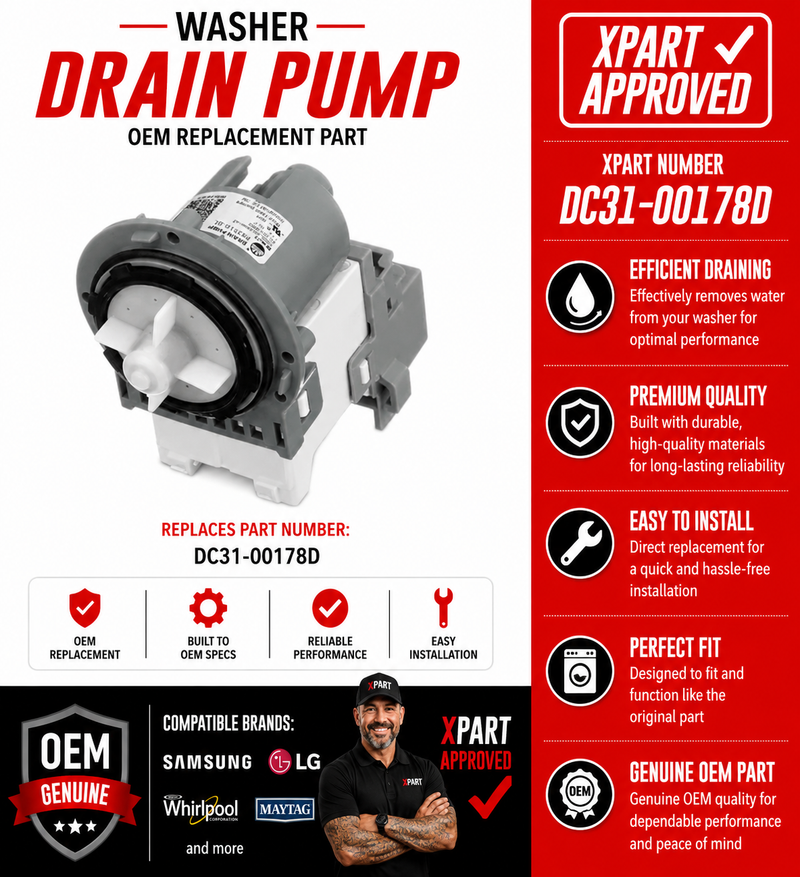 Washer drain pump with Xpart approval details on a white background