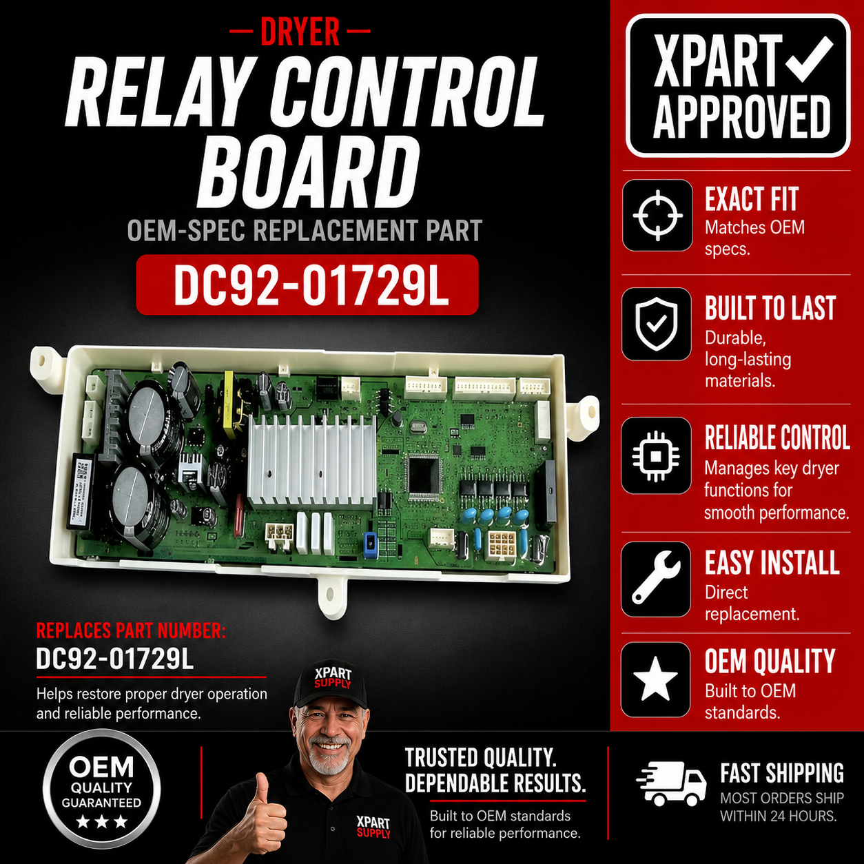 Samsung FlexDry Dryer Main Relay Control Board DC92-01729L — Fixes No Start / Restores Heat and Motor Control