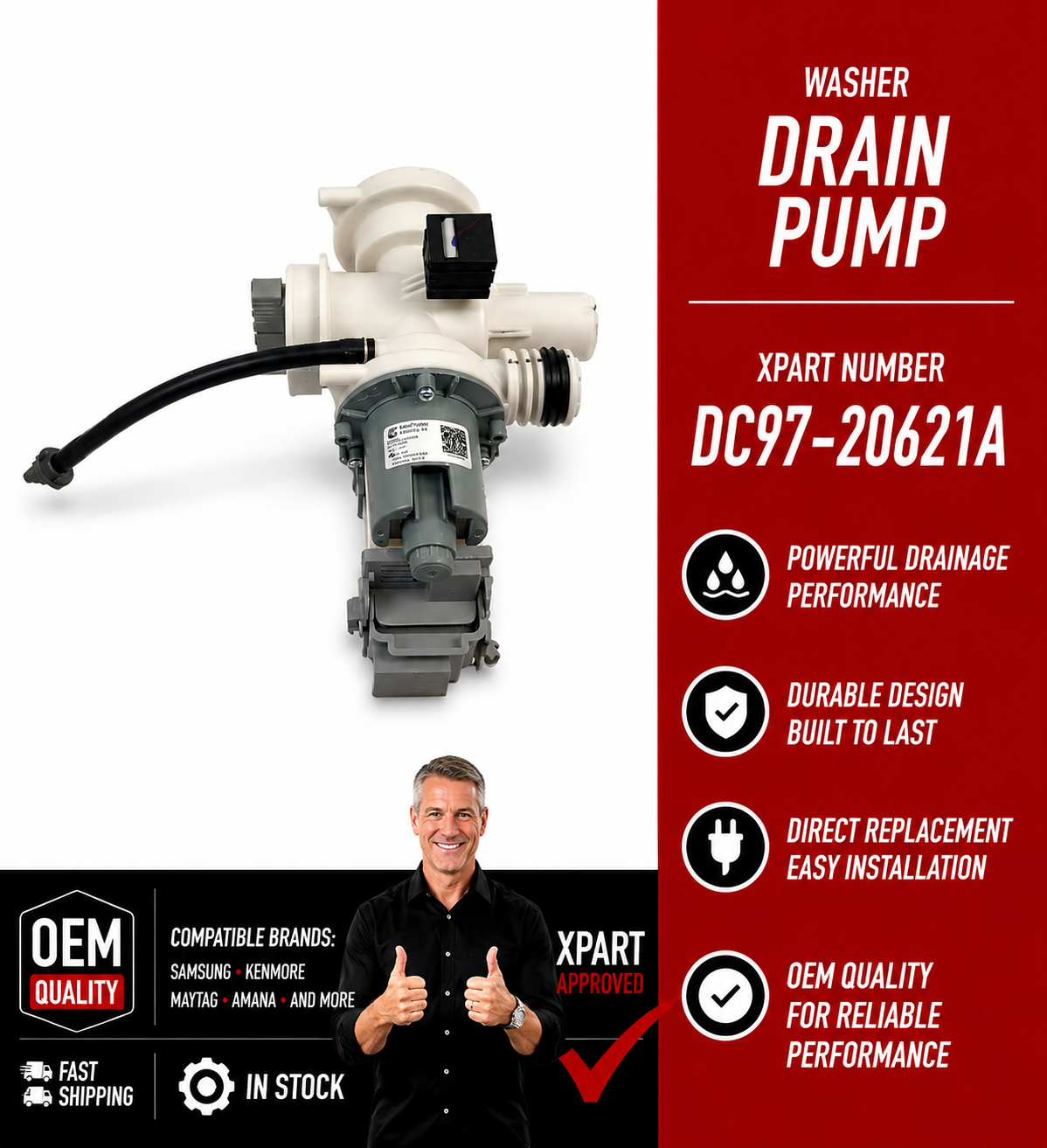 DC97-20621A Samsung Washer Drain Pump Assembly – Fix No-Drain or Standing Water Fast