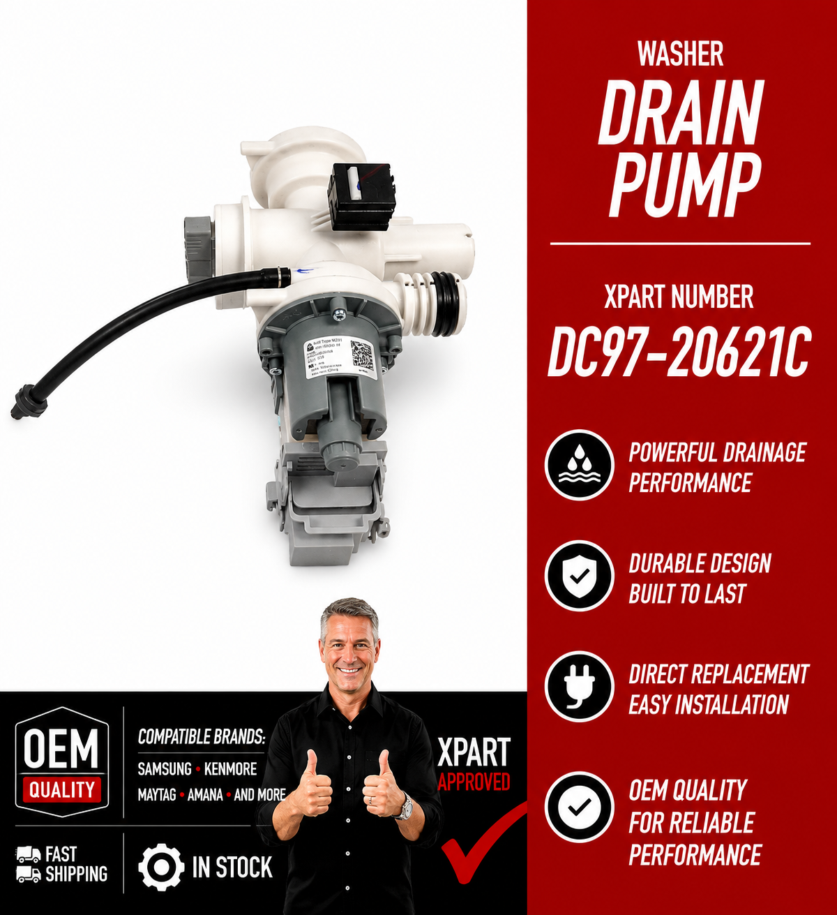 DC97-20621C Samsung Washer Drain Pump Assembly – Fix No-Drain or Standing Water Fast