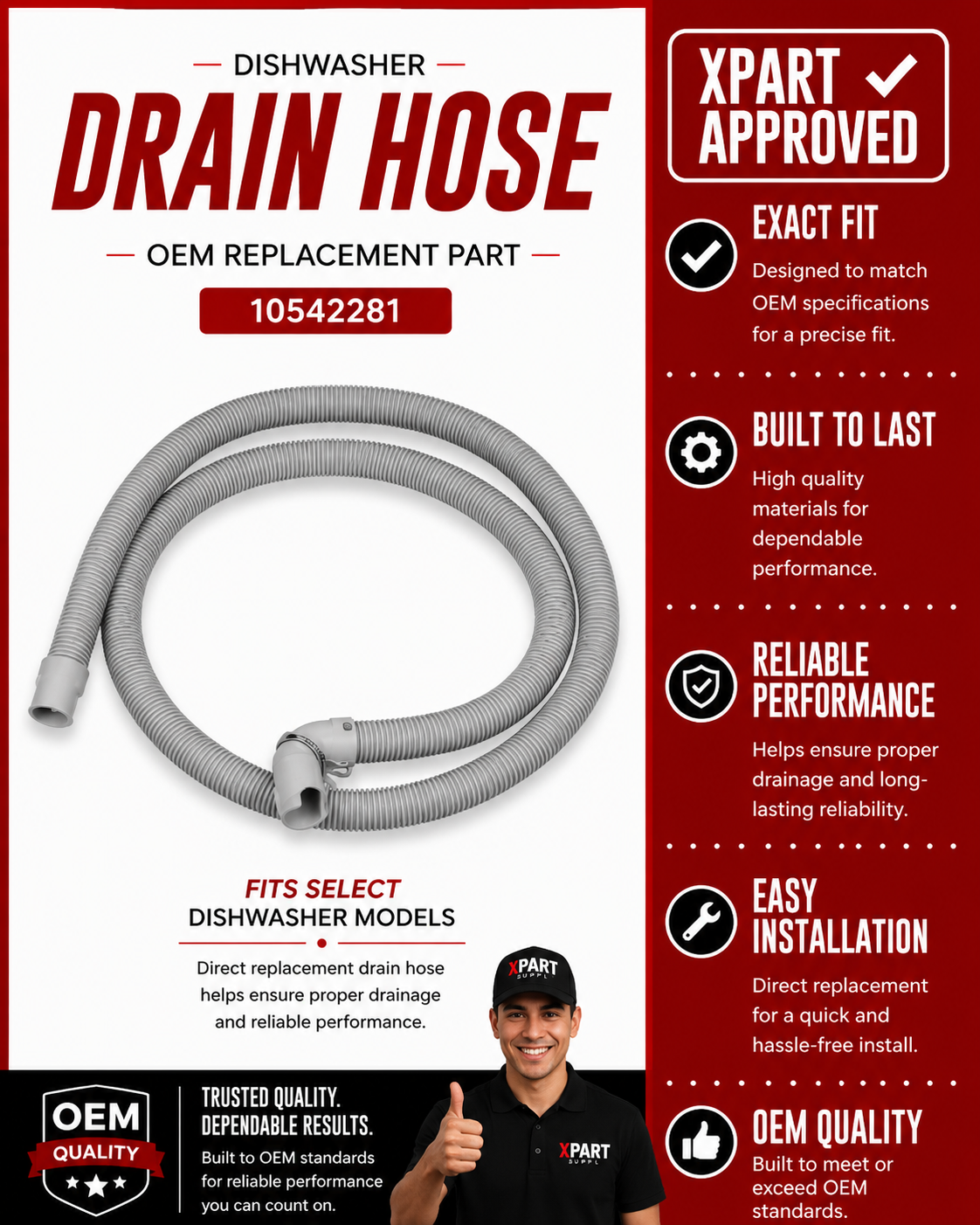 Miele Dishwasher Drain Hose 10542281 — Stops Water Not Draining