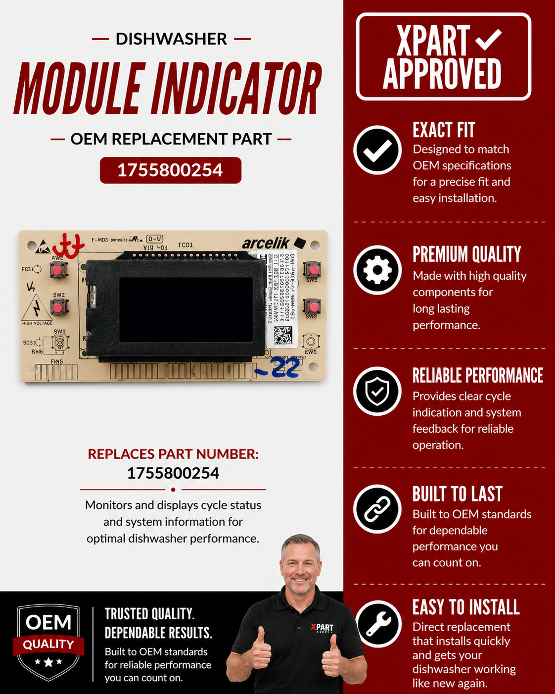 Bosch Dishwasher Module Indicator 1755800254 — Restore Control Panel Display & Function