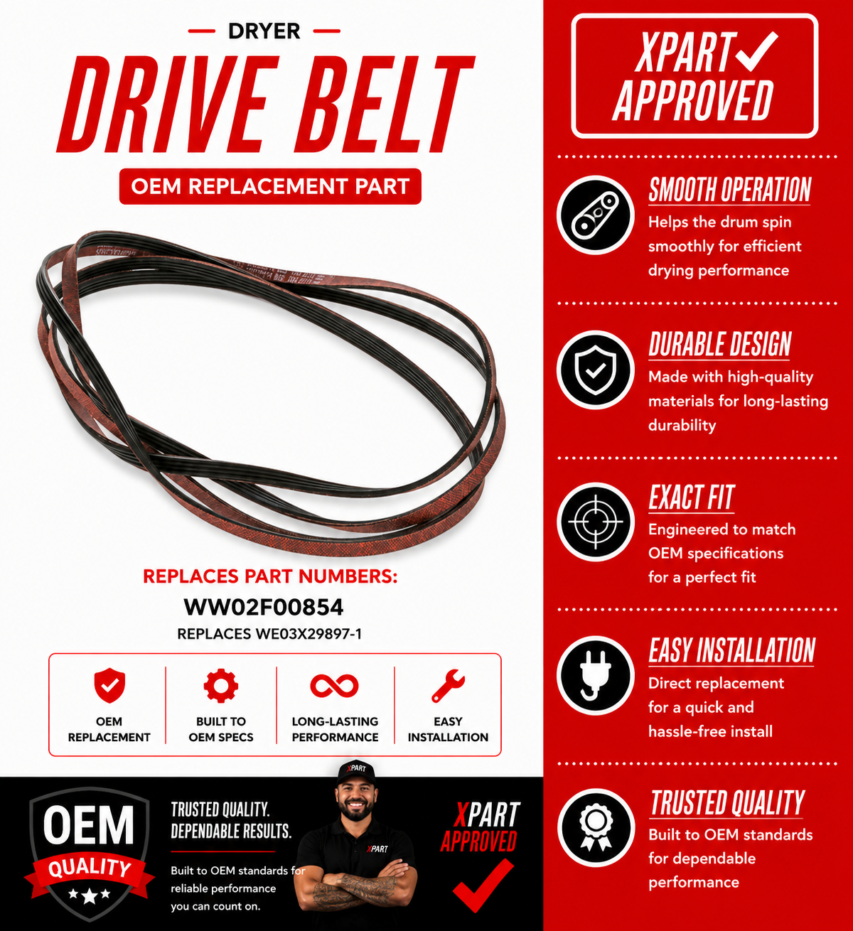 GE Dryer Drive Belt WW02F00854 89-1/2" – OEM & Premium XPart Options Available