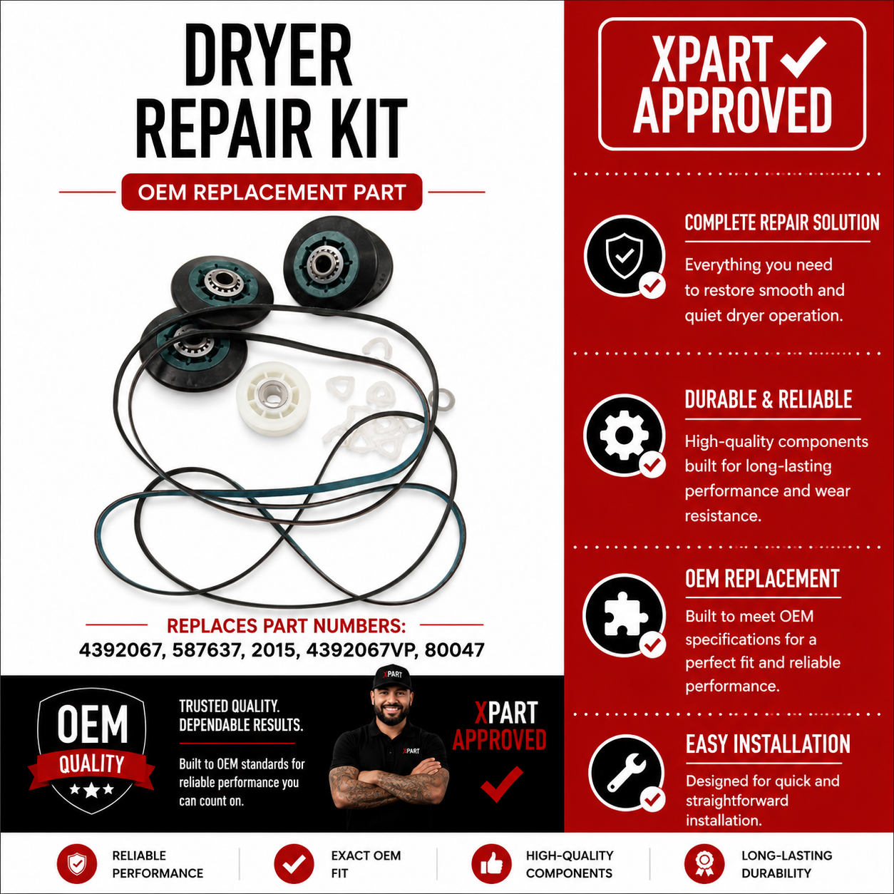 Whirlpool Dryer Repair Kit 4392067 – Belt 661570V, 4 Rollers, Idler Pulley (Replaces 587637, 80047)
