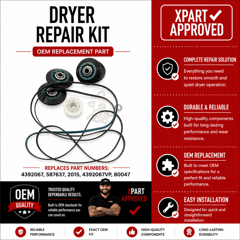 Whirlpool Dryer Repair Kit 4392067 – Belt 661570V, 4 Rollers, Idler Pulley (Replaces 587637, 80047)