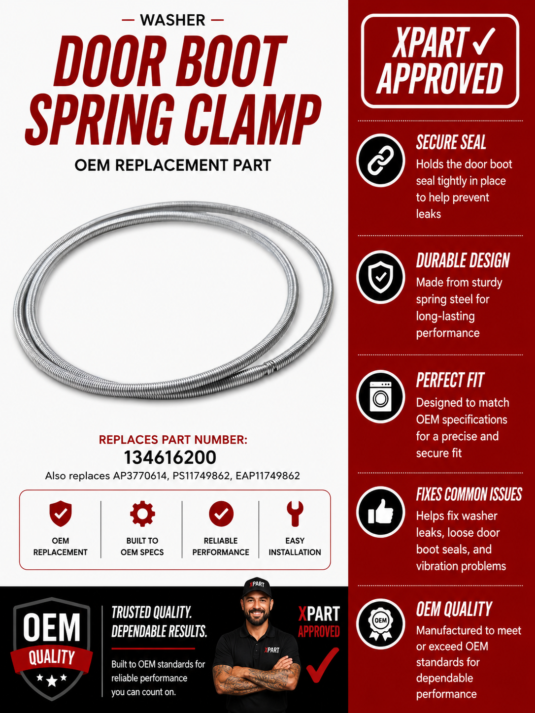 Advertisement for a washer door boot spring clamp with features and specifications.