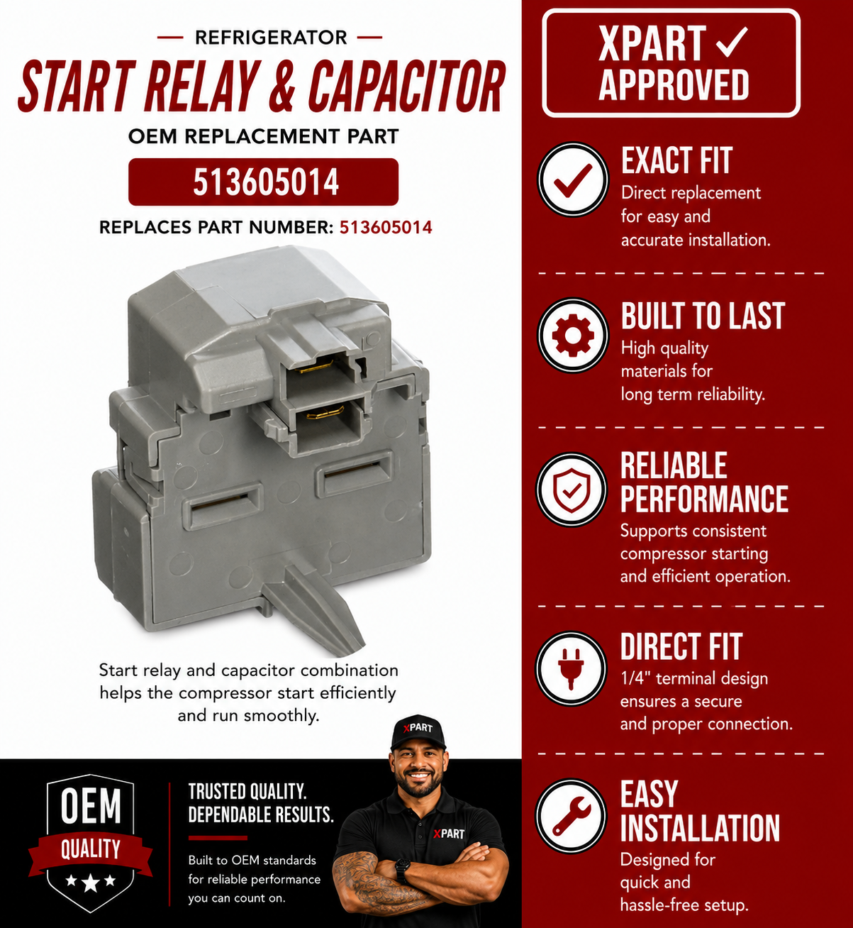 Embraco Start Relay & Capacitor 513605014 — Restore Refrigerator Compressor Start