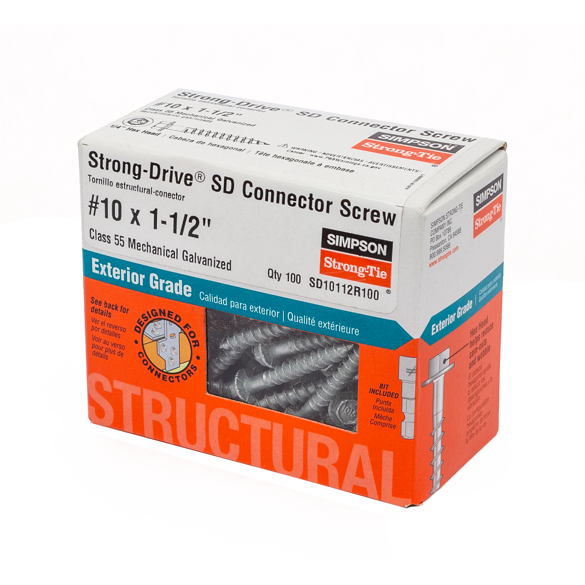 #10 x 1-1/2" Strong-Drive® SD 1/4" Hex Drive Connector Screw, Galvanized (100/BX)