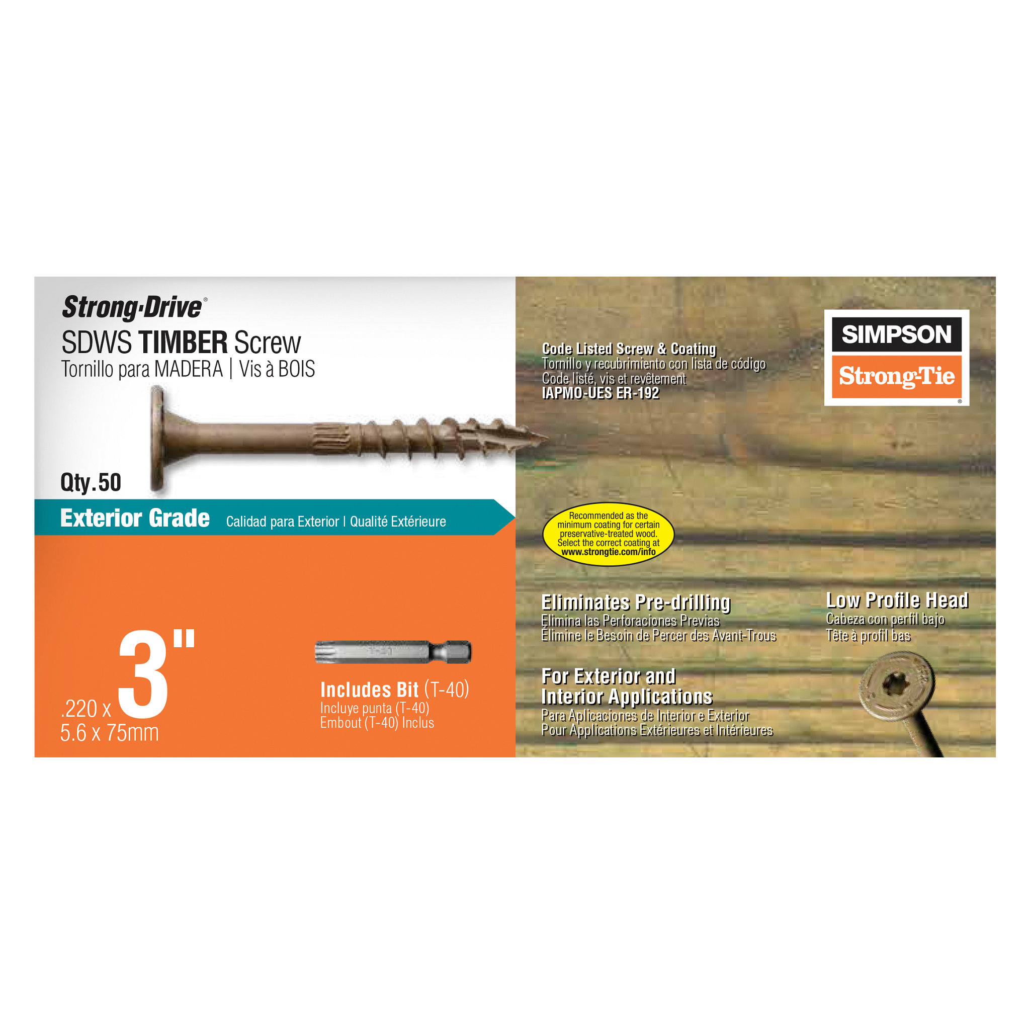 0.220"x3" Strong-Drive® SDWS T40 Timber Screw (50/BX)