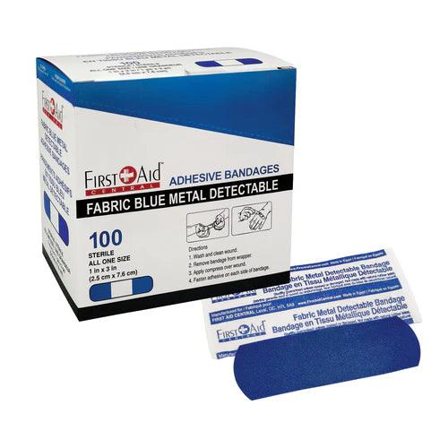Fabric Blue Metal Detectable Bandages, Standard Strip, 1" x 3", 100/box