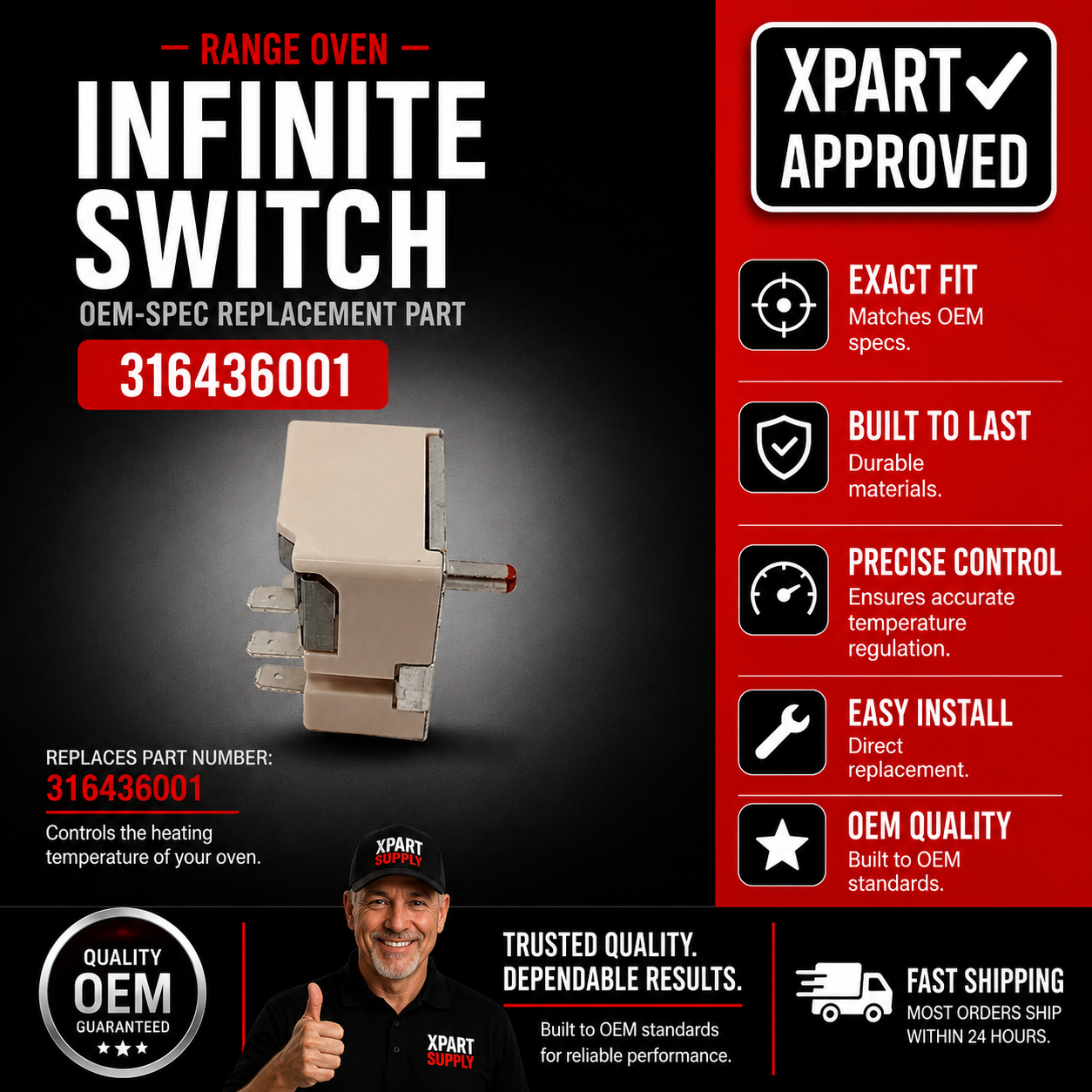 Frigidaire 316436001 Infinite Switch — Fixes Large Burner Not Heating / Stuck on High