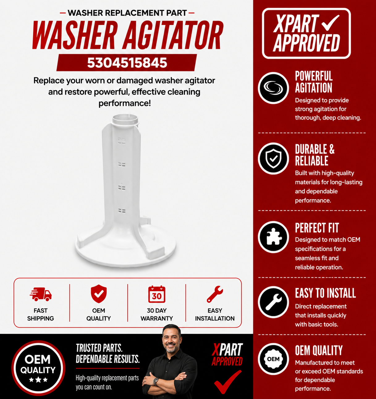 Frigidaire Washer Agitator 5304515845 — Fixes Drum Not Agitating