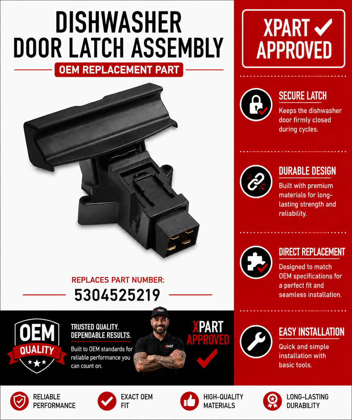 Frigidaire Door Latch Assembly 5304525219 — Fix Dishwasher Door That Won't Close or Latch