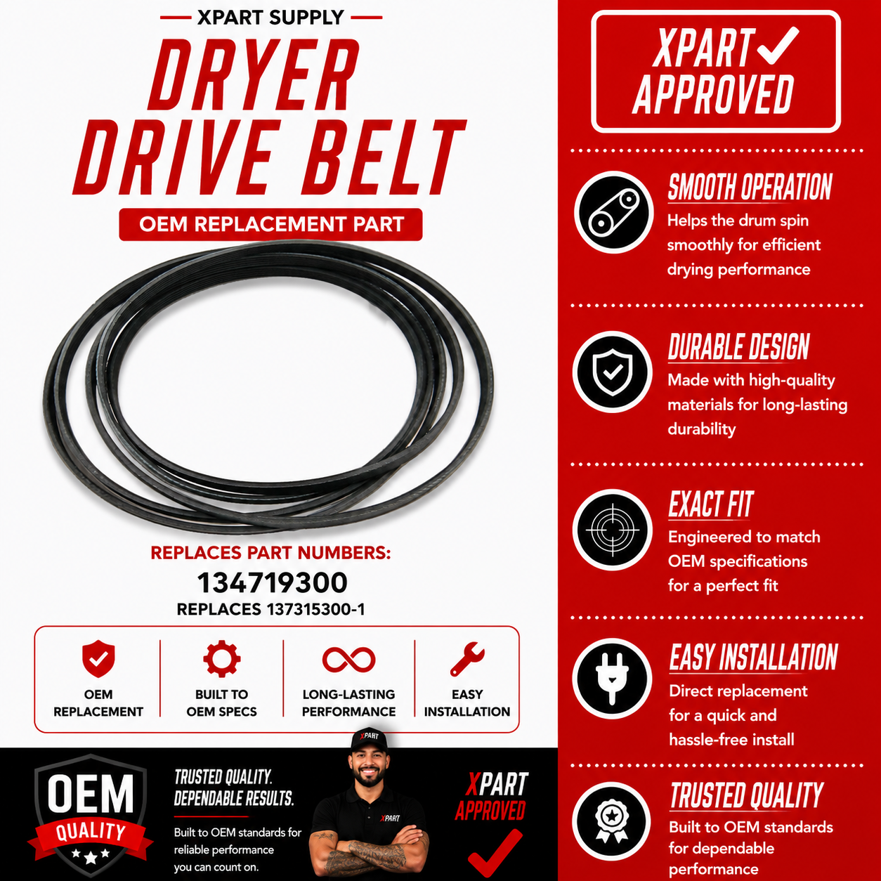 Frigidaire Dryer Drive Belt 134719300 – Drum Won't Spin or Squealing? | OEM & XPart | Replaces 137315300, 134503900