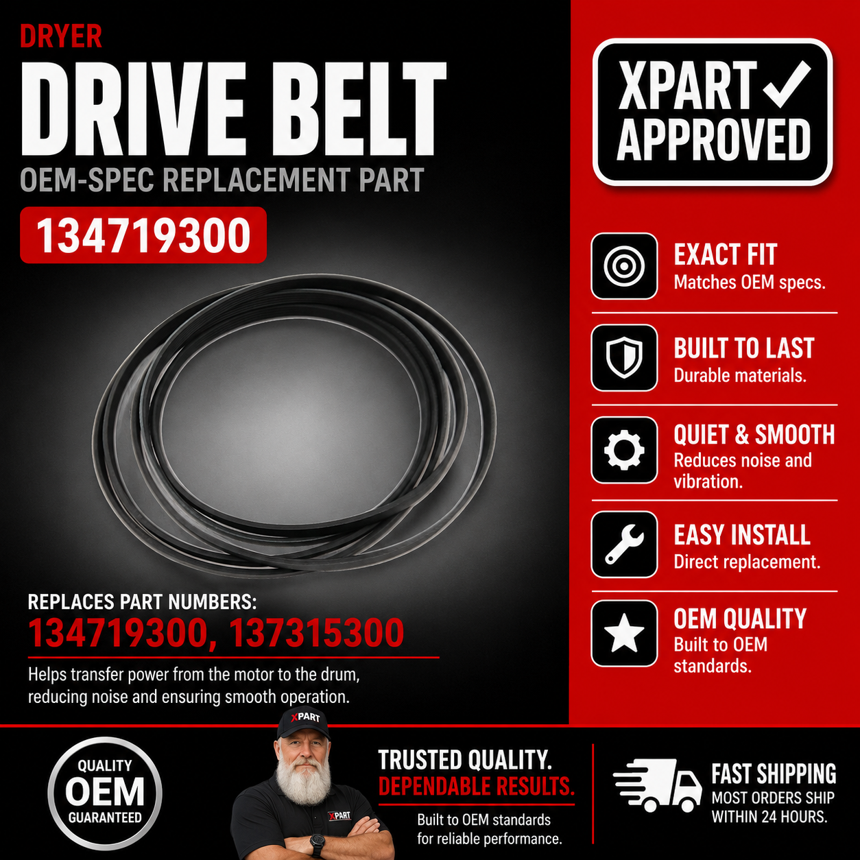 Frigidaire Dryer Drive Belt 134719300 — Fix a Drum That Won't Spin or Squeals