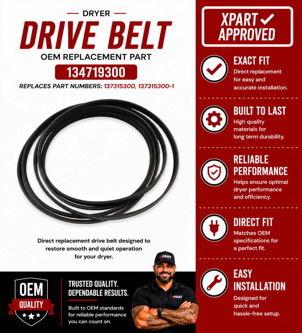 Frigidaire Dryer Drive Belt 134719300 – Drum Won't Spin or Squealing? | OEM & XPart | Replaces 137315300, 134503900
