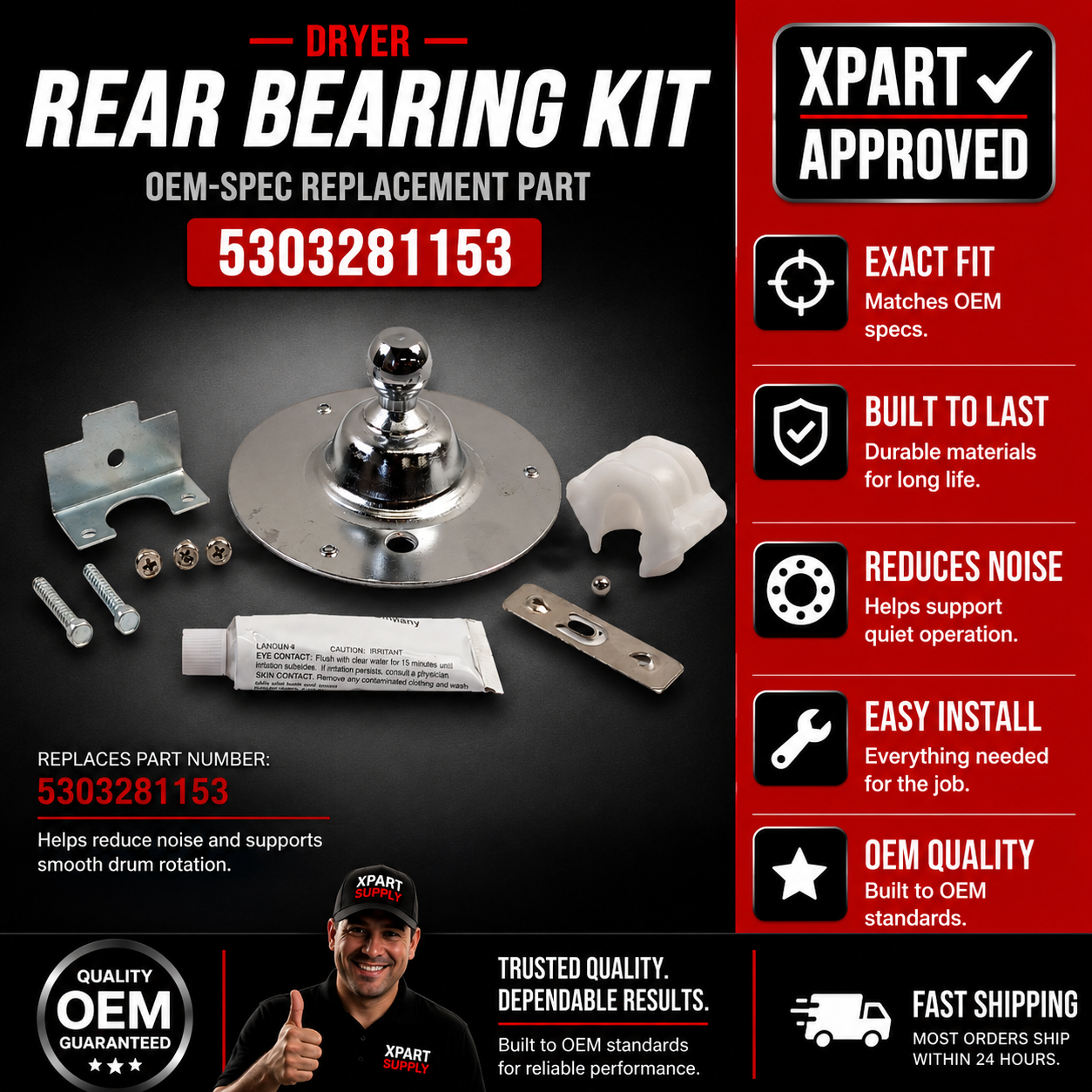 Frigidaire 5303281153 Dryer Rear Bearing Kit — Fixes Squealing, Thumping & Drum Noise