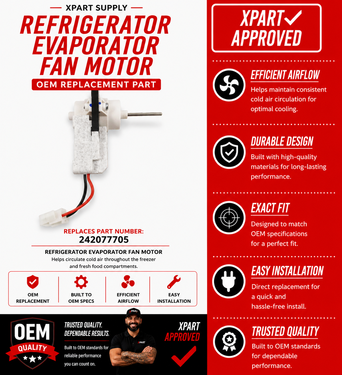 Frigidaire Evaporator Fan Motor 242077705 — Fixes Fridge Not Cooling or Freezer Frosting Over