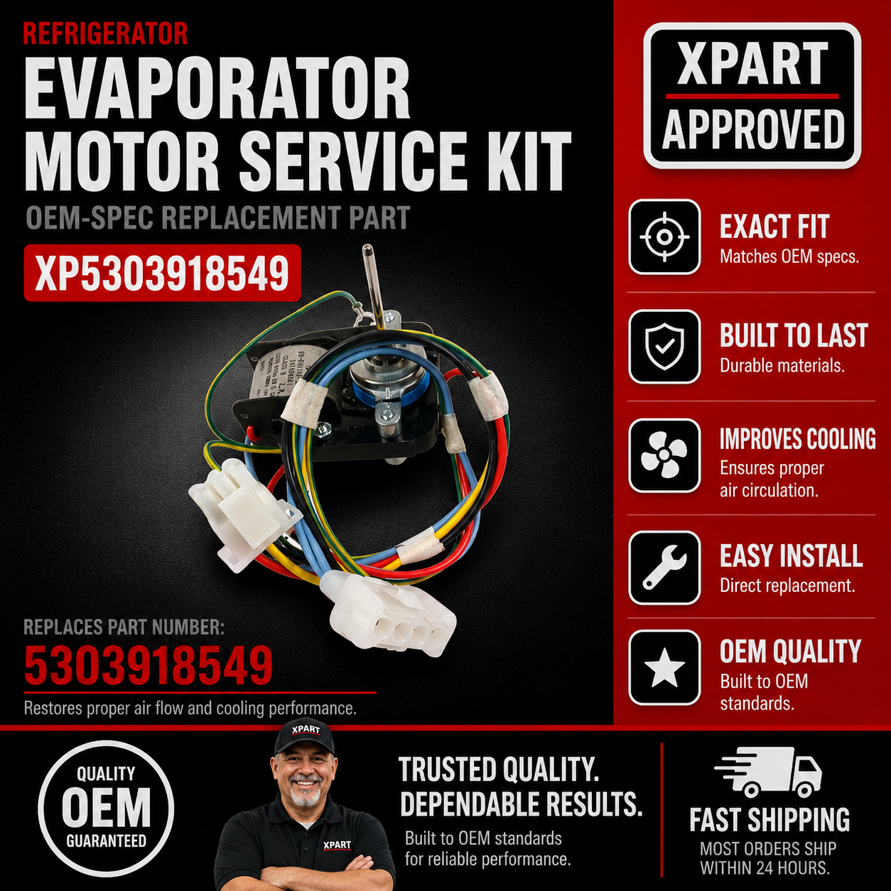 Frigidaire Evaporator Fan Motor Service Kit 5303918549 — Fix Refrigerator Not Cooling