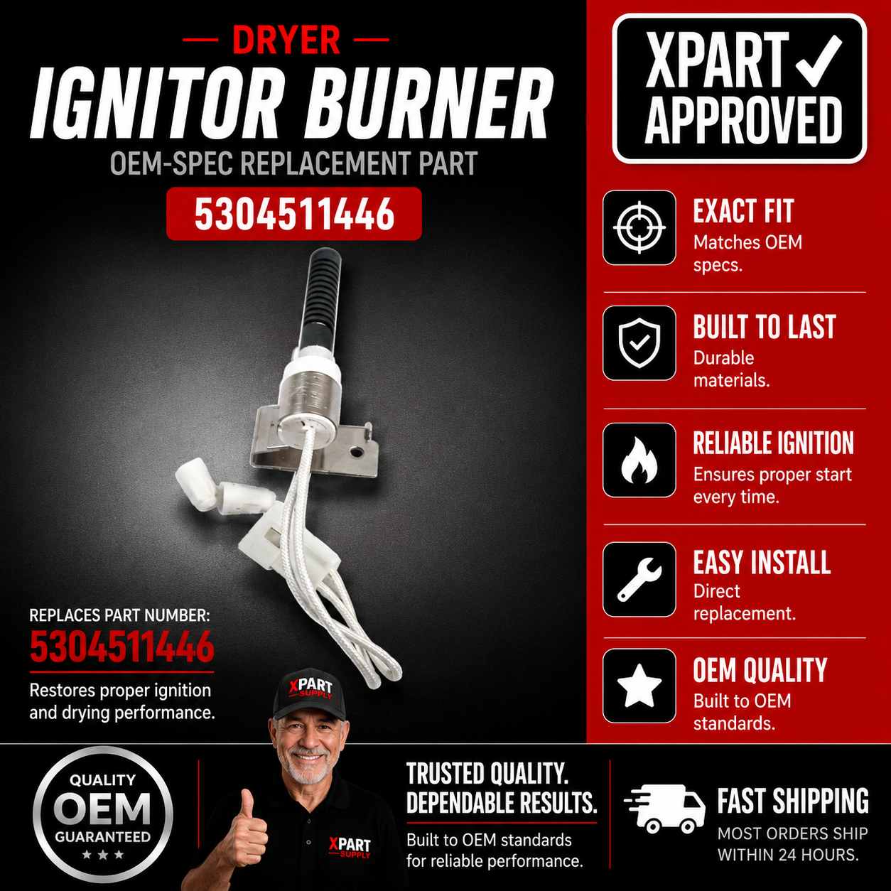 Frigidaire Gas Dryer Burner Ignitor 5304511446, Fixes No Heat or Burner Not Igniting