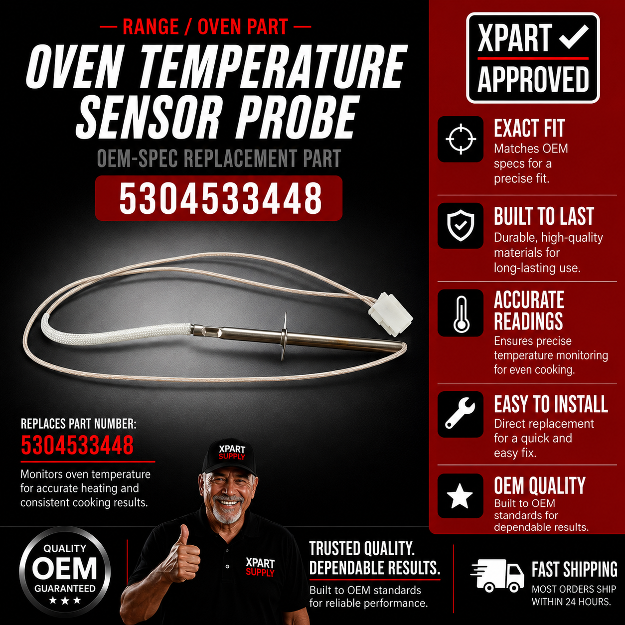 Frigidaire Range Oven Temperature Sensor Probe 5304533448 — Fixes Temperature Errors