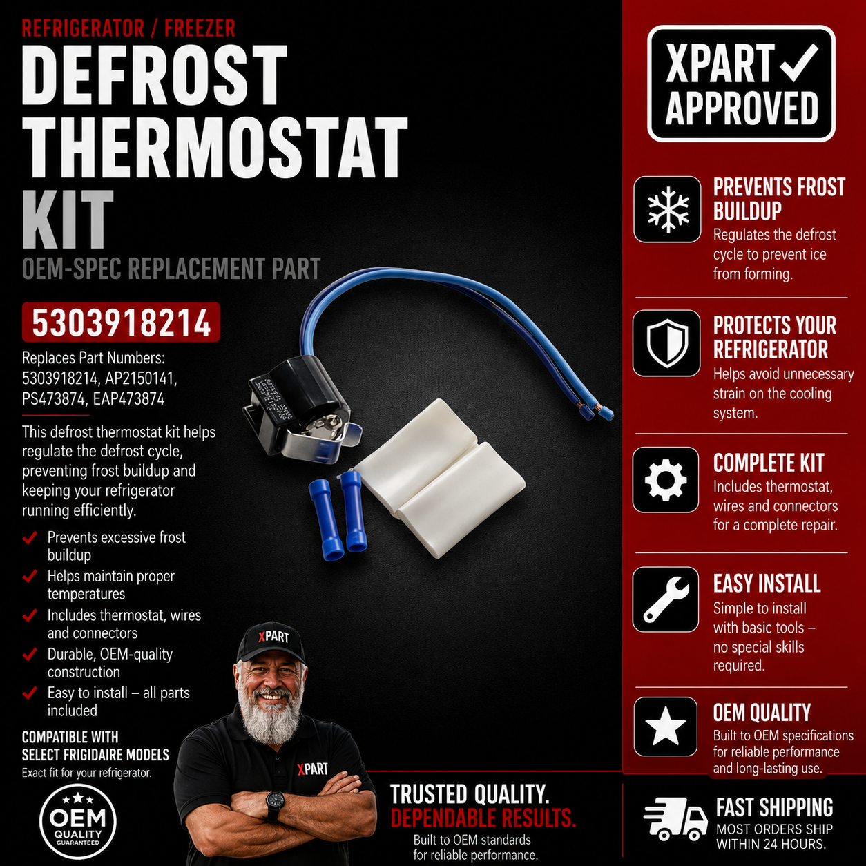 Frigidaire Defrost Bi-Metal Thermostat Kit 5303918214 — Fixes Frost Buildup & Cooling Failure