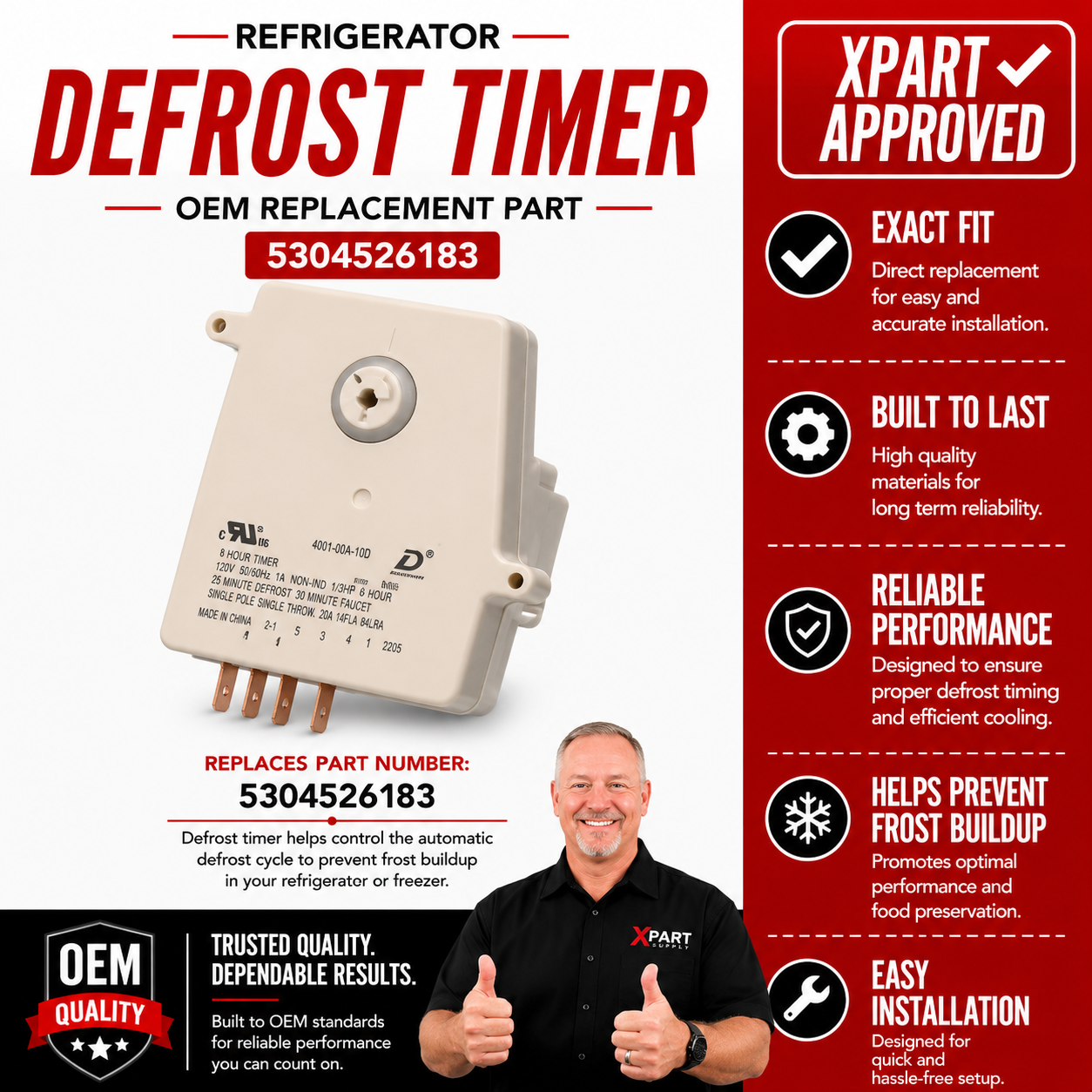 Frigidaire Refrigerator Defrost Timer 5304526183 — Restore Defrost Cycle & Stop Frost Buildup
