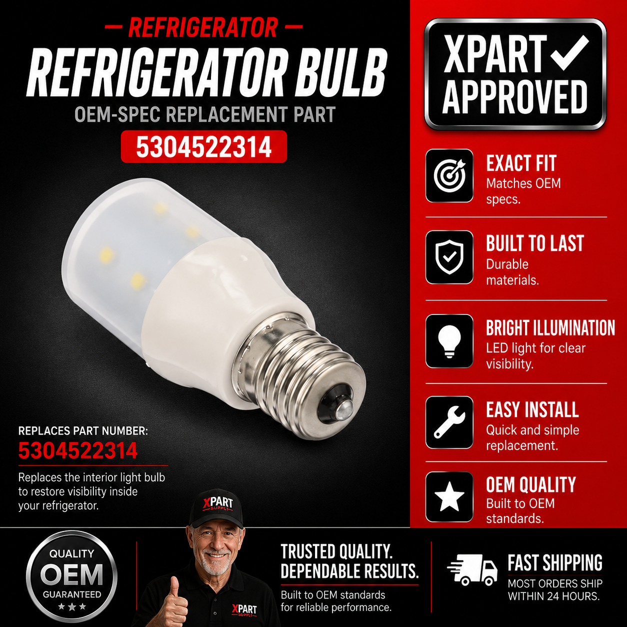 Frigidaire Refrigerator LED Light Bulb 5304522314, Replaces 297048600, 7297048600