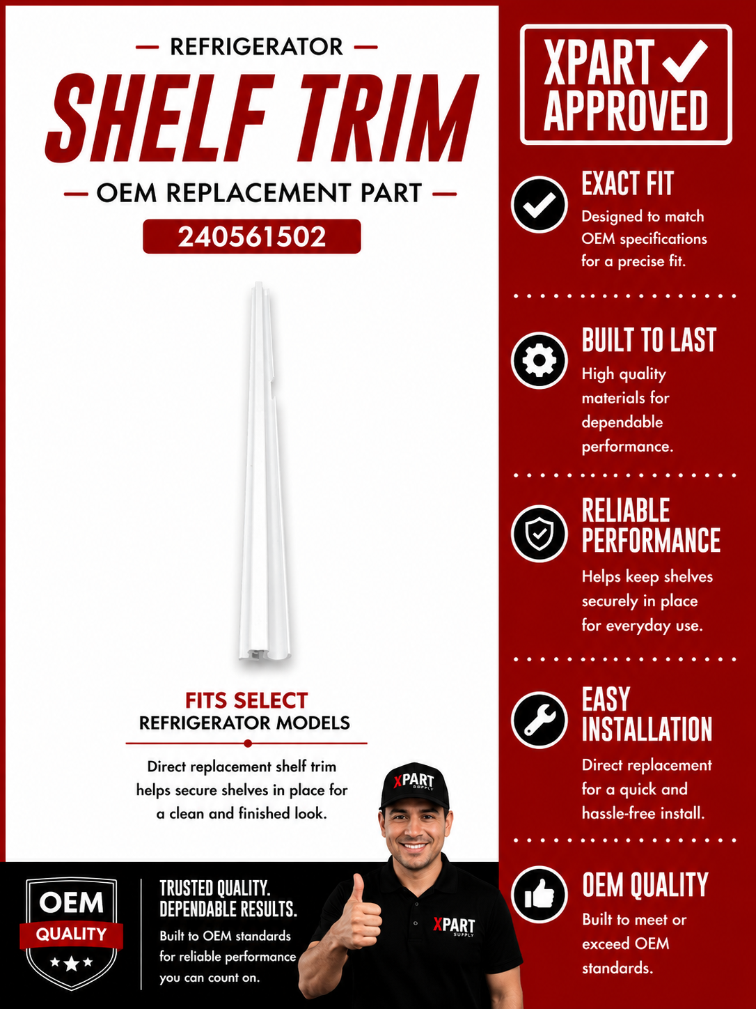 Frigidaire Refrigerator Shelf Trim 240561502 — Fixes Cracked or Broken Shelf Trim
