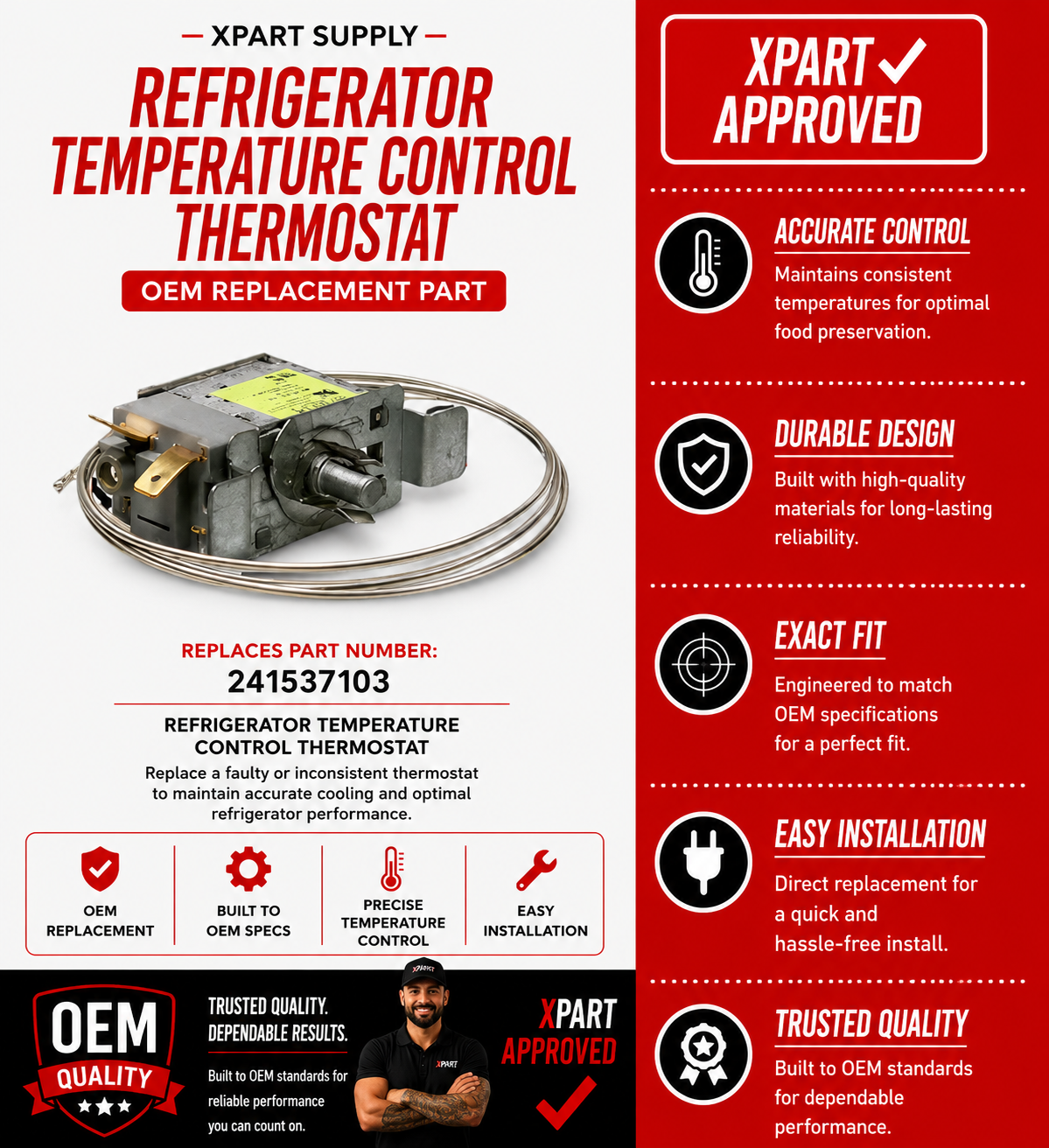 Frigidaire Refrigerator Temperature Control Thermostat 241537103 — Fix Inconsistent Cooling & Temperature Failures