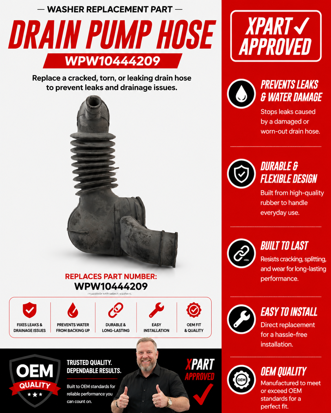 Frigidaire Tub-to-Pump Hose 134639910 — Fixes Washer Leaks & Drainage Failures