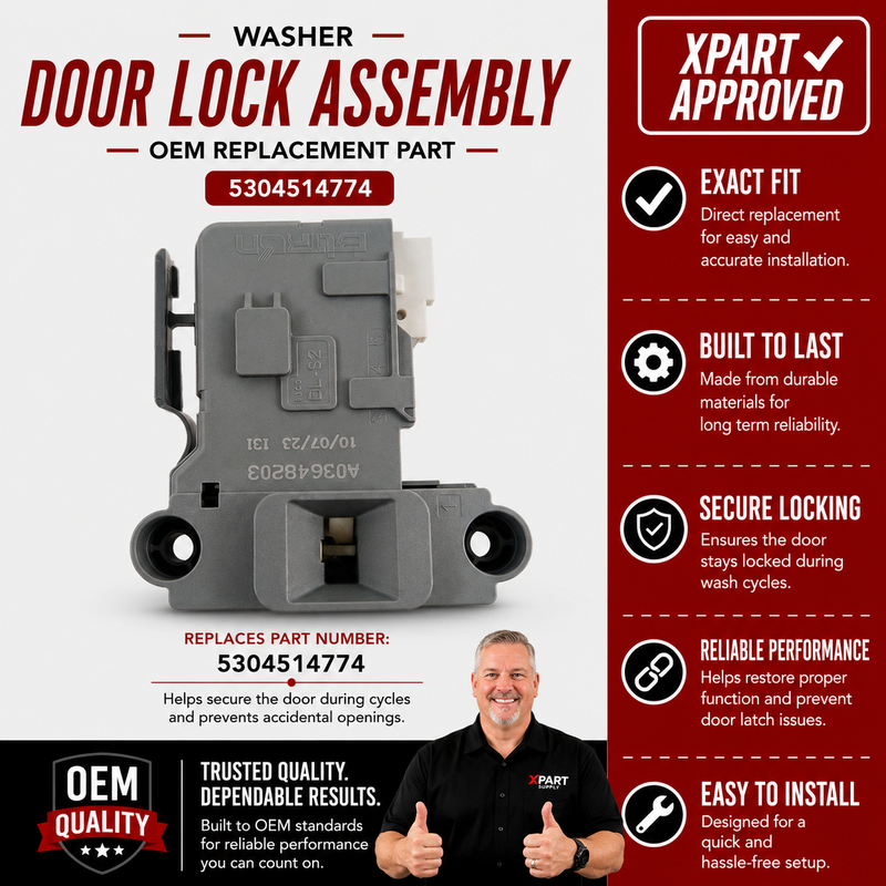 Frigidaire Washer Door Lock Assembly 5304514774 — Fix Won't Start, Door Won't Latch & E41/E47 Errors